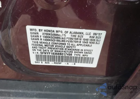 2008 Honda Pilot Se z USA, uszkodzony, nr VIN 5FNYF18368B017498